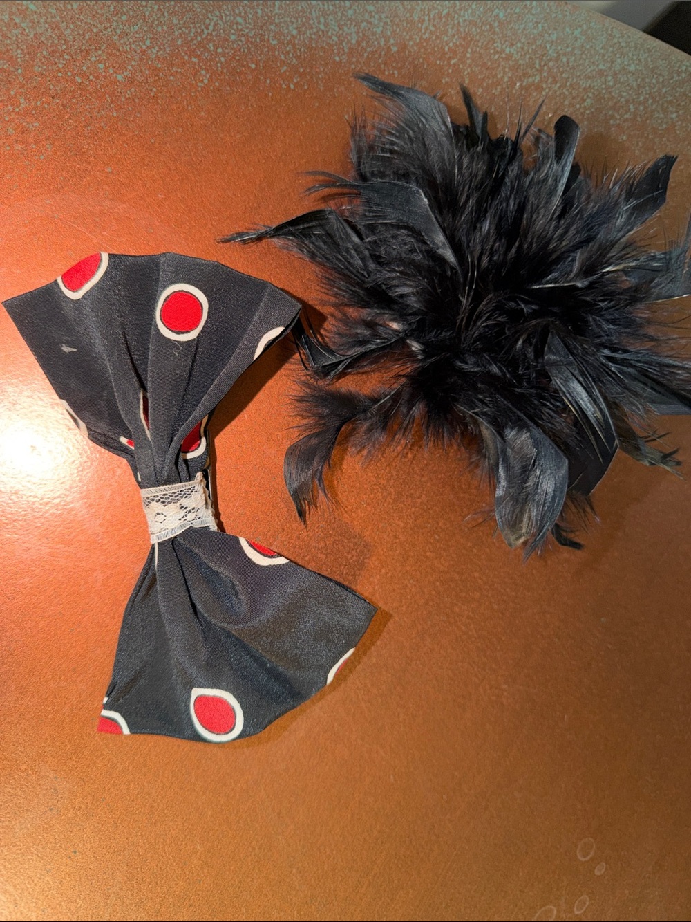 Black Feather Hair Clip and Polka Dot Bow Set - Women's Accessories